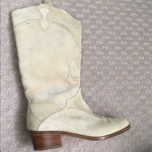 Cream Escada Suede Cowboy Boots with Gold Interior