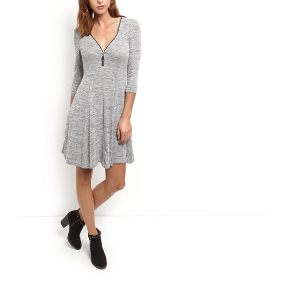 Grey Knit Zip Front Swing Dress