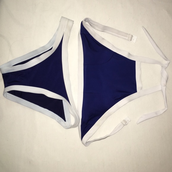 Blue and white halter high neck swim suit