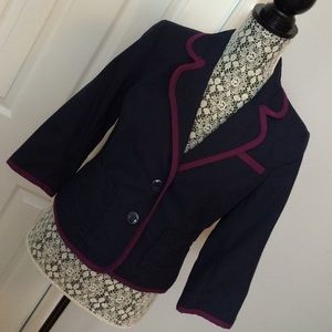 Navy 3/4 sleeve blazer with plum trim