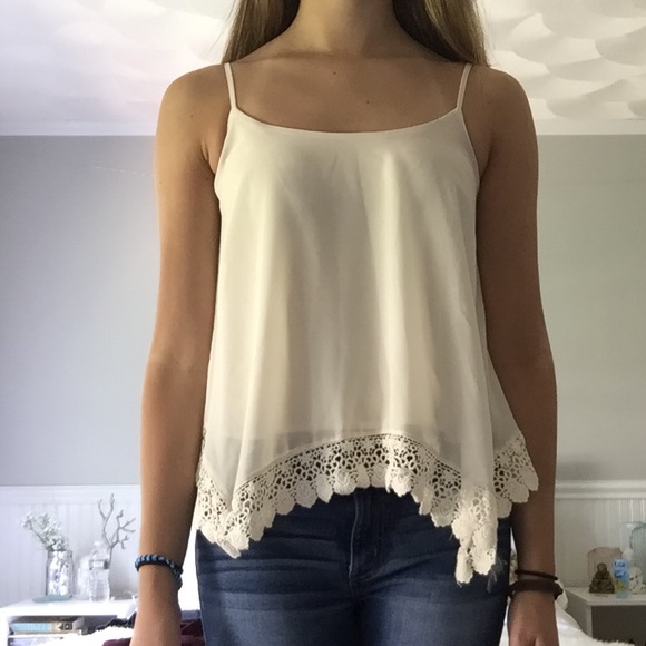 Cream Tank With Lace Trim