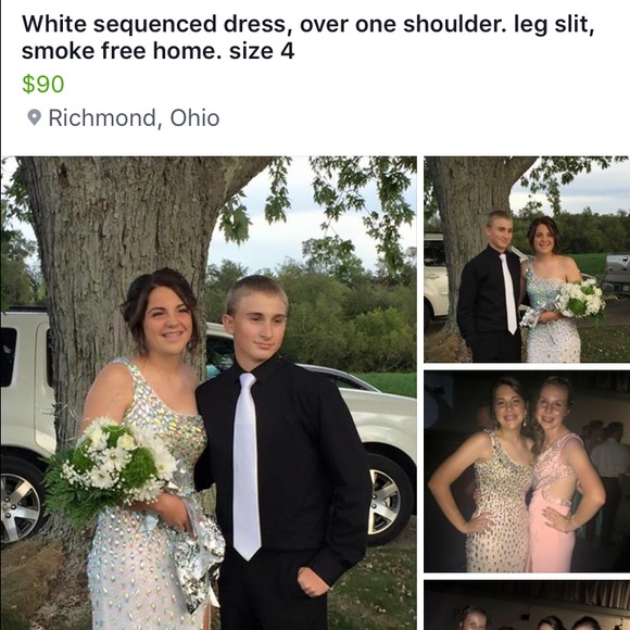 White sequenced dress over the shoulder w a slit - Picture 1 of 3