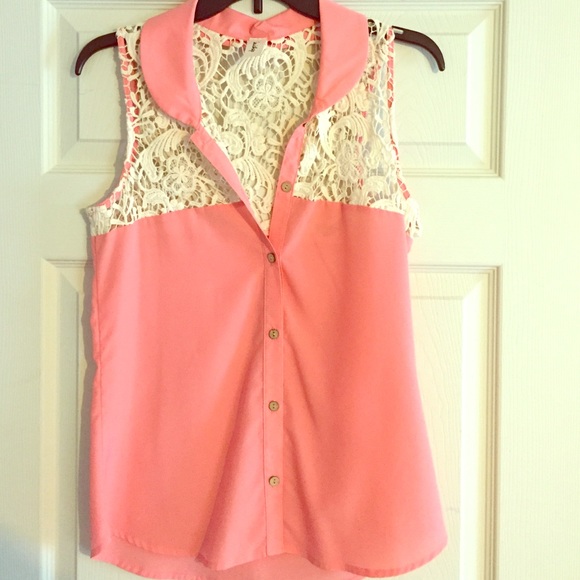 Coral and lace sleeveless blouse
