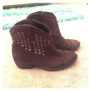 Dark brown suede studded short cowgirl boots