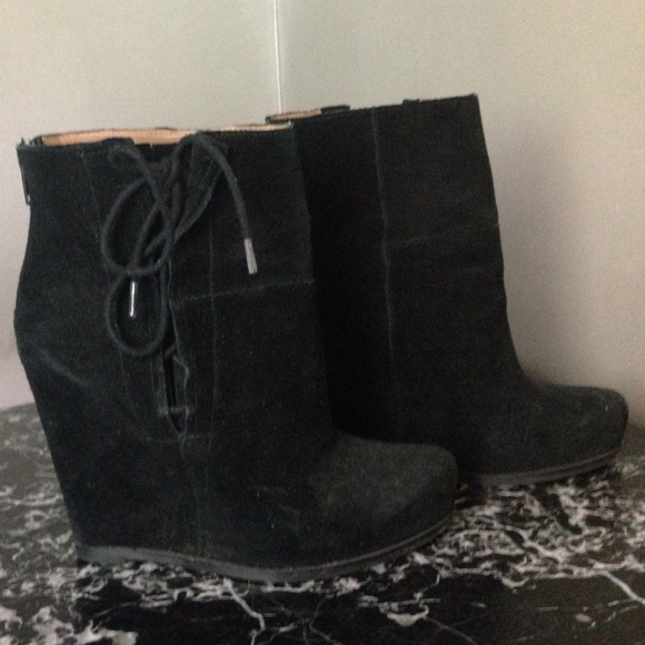 Saks Fifth Ave Black Suede Wedge Booties - Picture 2 of 8