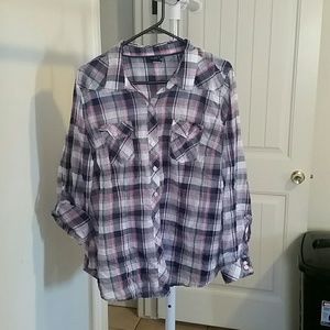 Flannel button up, long sleeve with loop to roll
