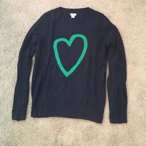 JCrew navy crew neck sweater with green heart