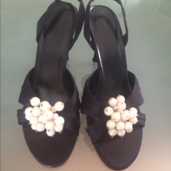 Black open toed sling backs with pearl detailing