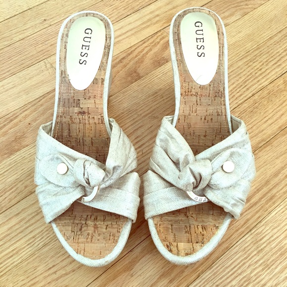 GUESS Gold/Beige Material Cork Wedge Sandal SZ 9