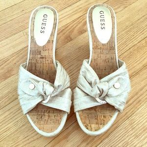 GUESS Gold/Beige Material Cork Wedge Sandal SZ 9