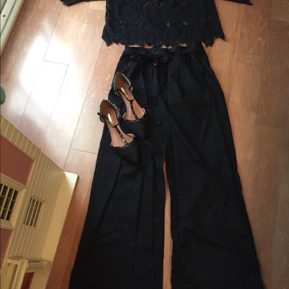 Black Linen wide leg pants/slacks, w/tie, 12/L.