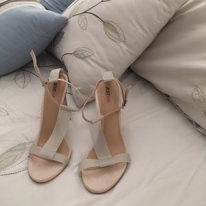 JustFab strappy heels in clear colored straps