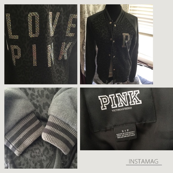 🚫SOLD🚫 Black & gray VS PINK cheetah varsity bling jacket - Picture 2 of 3
