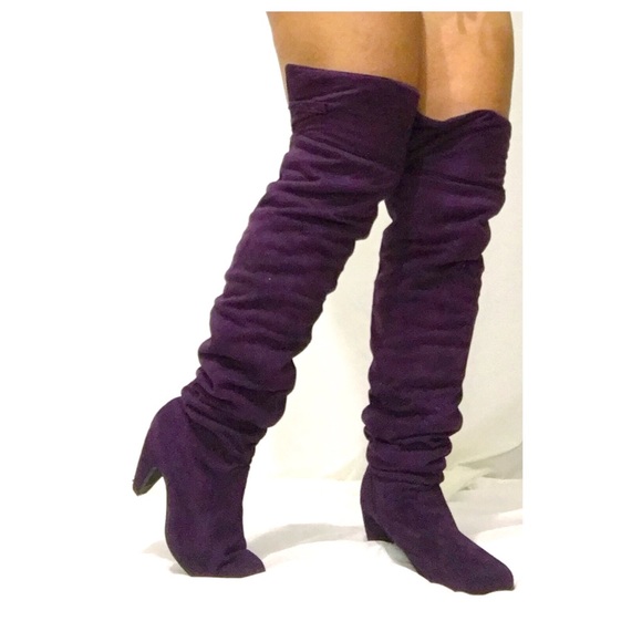 Thigh high suade purple heel boots