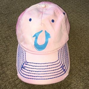 Pink & Blue Distressed True Religion Baseball Hat