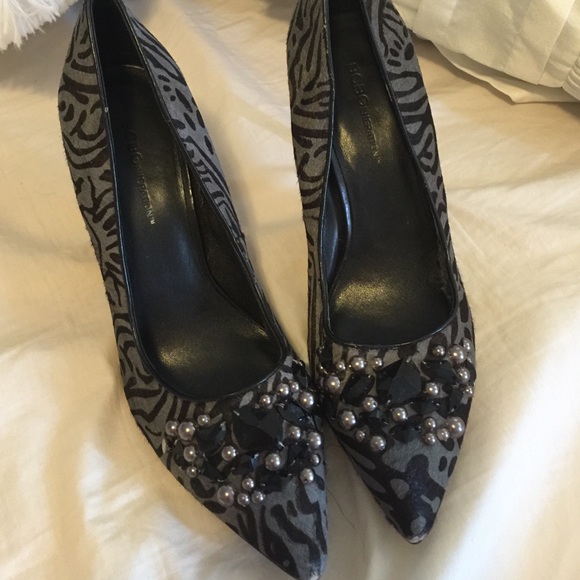 BCBG faux fur beaded heels