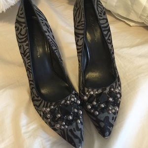 BCBG faux fur beaded heels