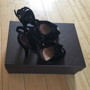 Black velvet Gucci ankle strap platform pumps
