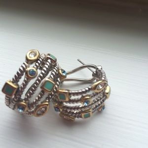 Blue green silver and gold hoop earrings