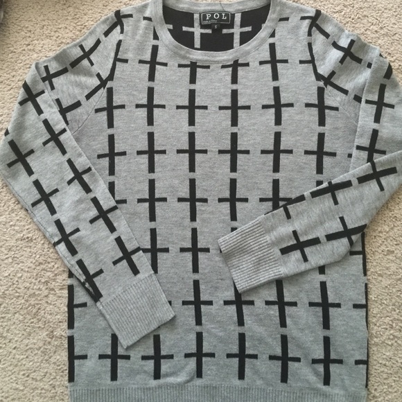 POL Sweater grey w/ black crosses. Sz small
