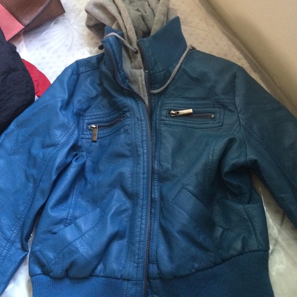 Turquoise Faux Leather Grey Hooded Jacket