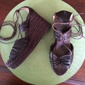 Hermes Brown Leather Espadrilles Wedges
