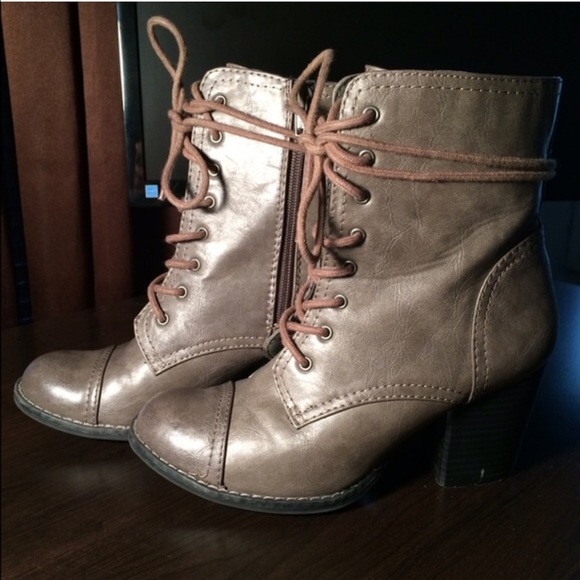 Call It Spring Shoes - Grey Taupe Lace Up Combat heel boots