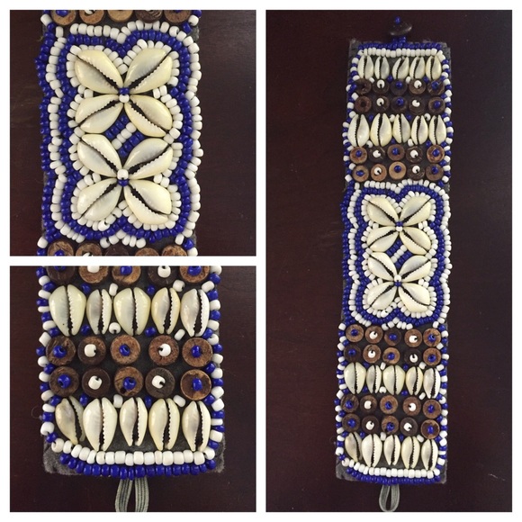 African Beaded Seashell Wood Tribal Cuff Bracelet