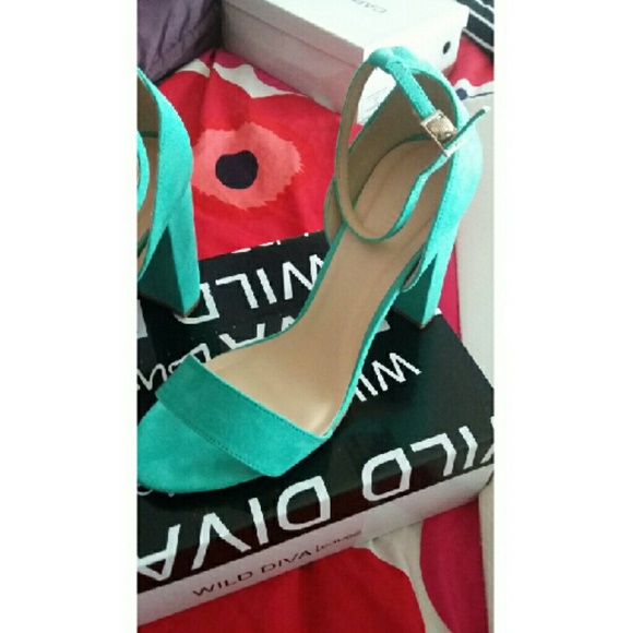 Turquoise faux suede ankle strap heels