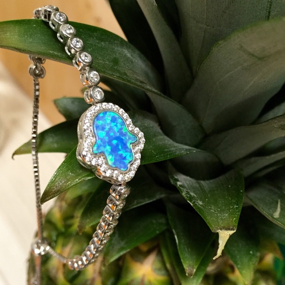 Sterling Silver Synthetic Opal Hamsa Bolo Bracelet