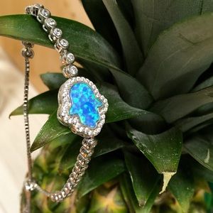 Sterling Silver Synthetic Opal Hamsa Bolo Bracelet