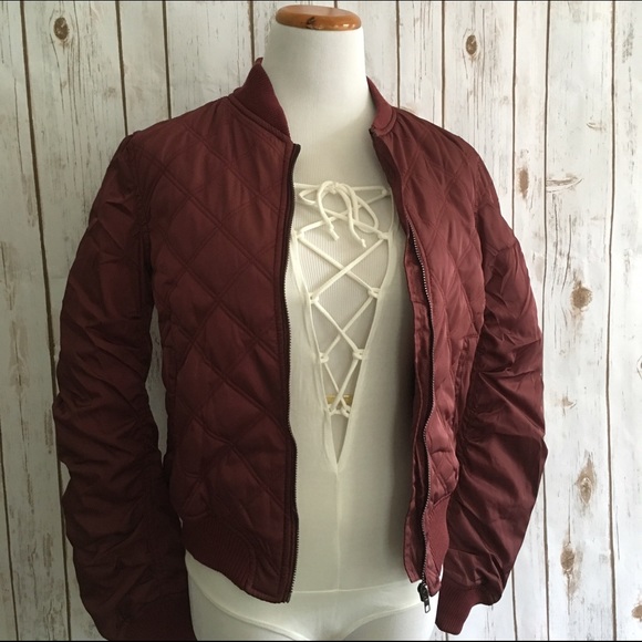 Burgundy Quilted Bomber Jacket - Picture 2 of 4