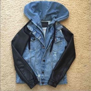 BLANKNYC Denim Hoodie with Faux Leather Sleeves