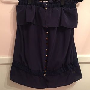 Navy blue strapless silk top