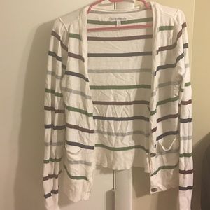 Cardigan with red, green, blue and grey stripes