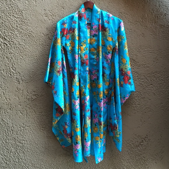 Vintage Japanese Turquoise Kimono Robe S - Picture 2 of 4