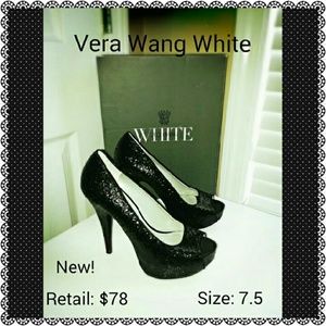** New VERA WANG Black Sequin Peep Toe Heels **