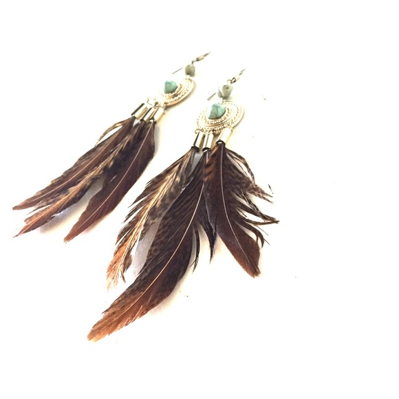 Turquoise, gold, brown feather earrings