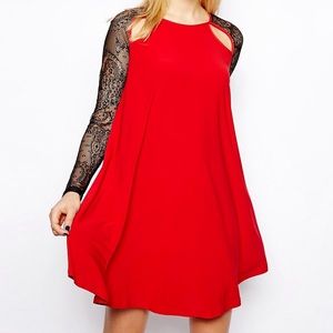 Red and Black Lace Insert Swing Dress