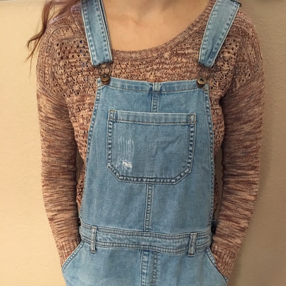 Denim overall shorts.