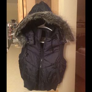 Fur collared, navy blue women's vest