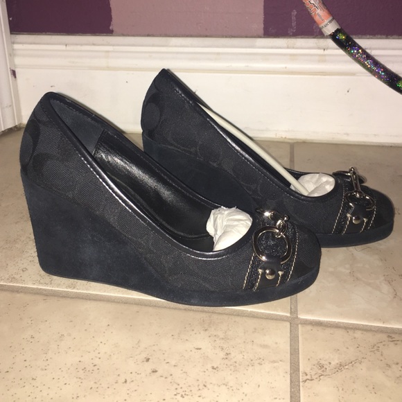 COACH Black signature print/suede wedges