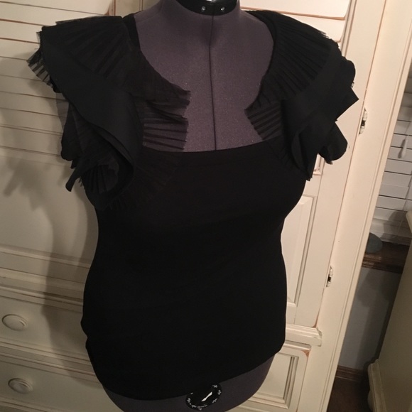 BCBGMAXAZRIA Black Ruffled Shoulder Blouse