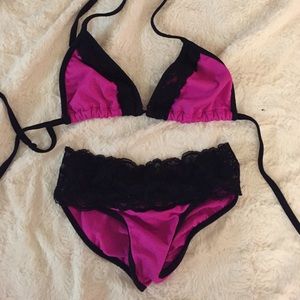 Hot pink and black lace bikini