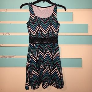 Multi color mini dress with lace at the waist