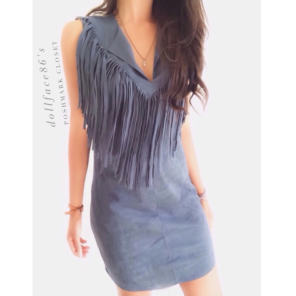 GB Dresses & Skirts - NWT chic Grey Blue Faux Suede Fringe Dress