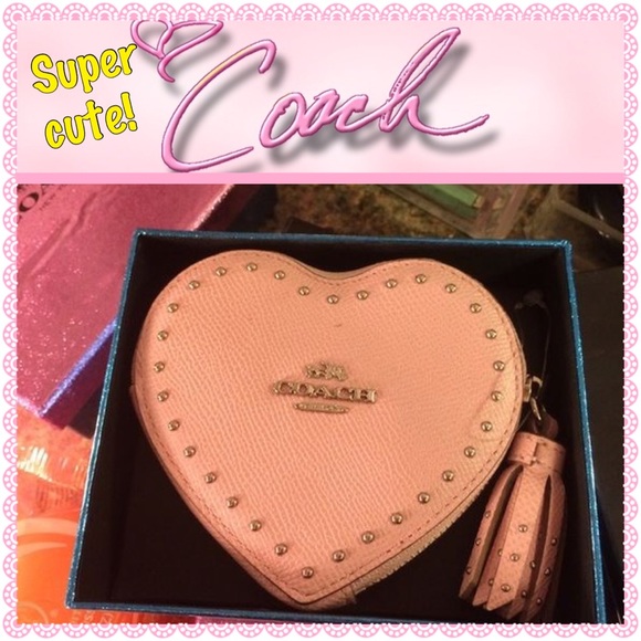 Coach pink leather stud heart wallet w/ tassels