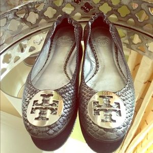 Tory Burch Snakeskin Silver Flats