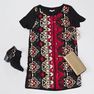 Aztec Sequin Social Butterfly Flock Black Dress