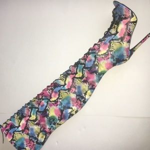 Python colorful thigh high lace up boots size 8